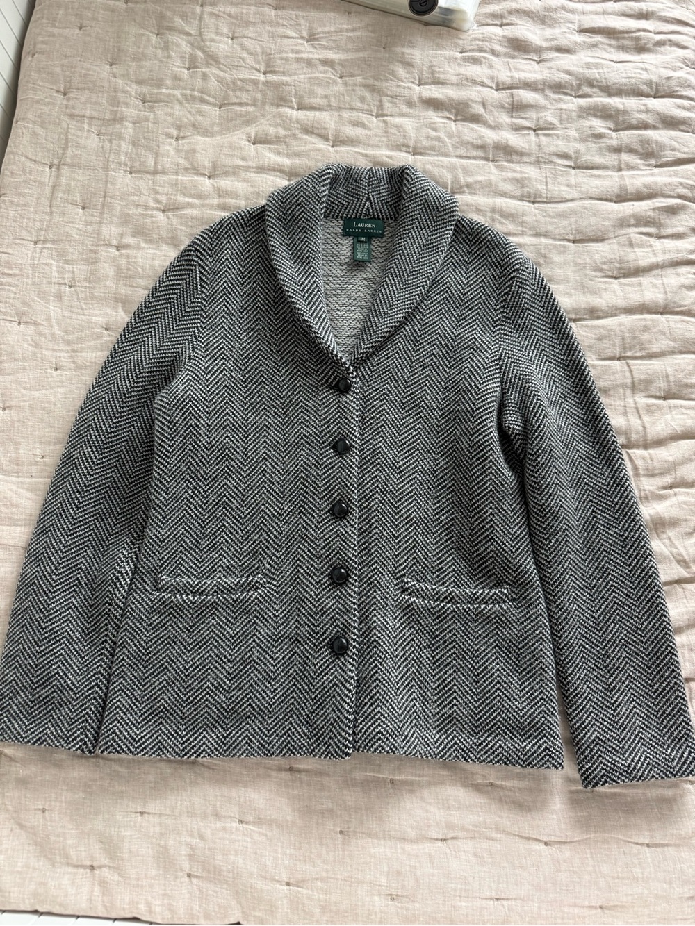 Lauren Ralph Lauren Wool Herringbone Knit Sweater Blazer Shawl Collar Medium